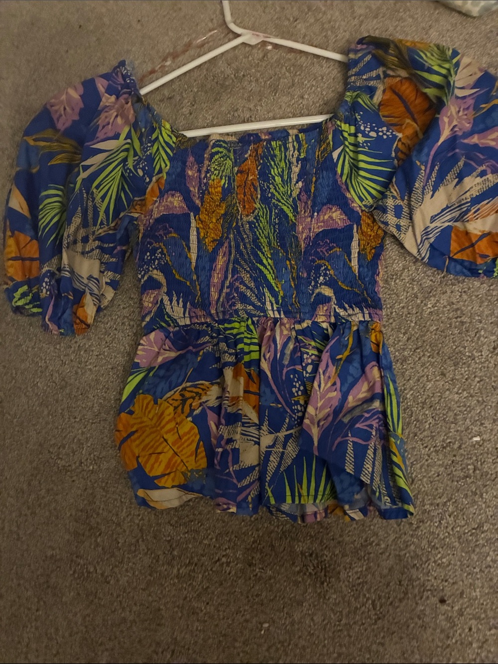 Flying Tomato Blue Tropical Print Puff Sleeve Top